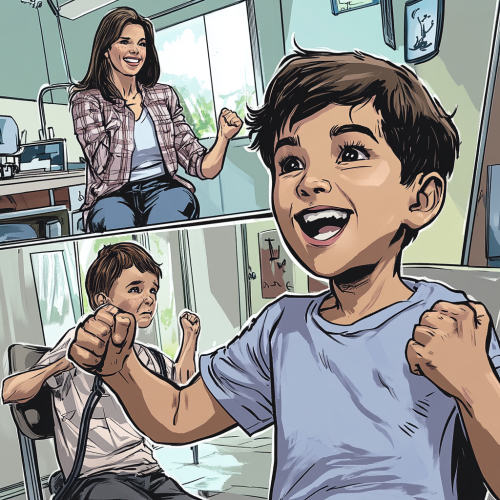 Young boy happily shows off muscles, mom looks concerned. Young boy happily shows off muscles, mom looks concerned.