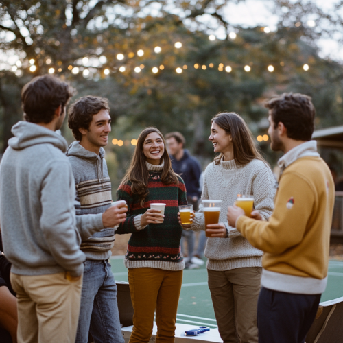 Young friends in festive attire reunite for party.