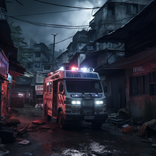 Ambulance with lights in slums streets