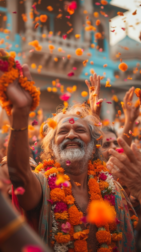 Ancient Ayodhya Celebration with Vibrant Flowers