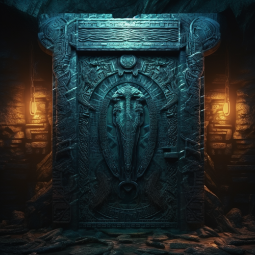 Engraved ancient door with glowing runes Engraved ancient door with glowing runes