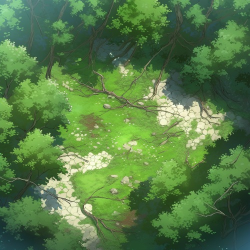 Aerial view of an anime-style forest with sunlight