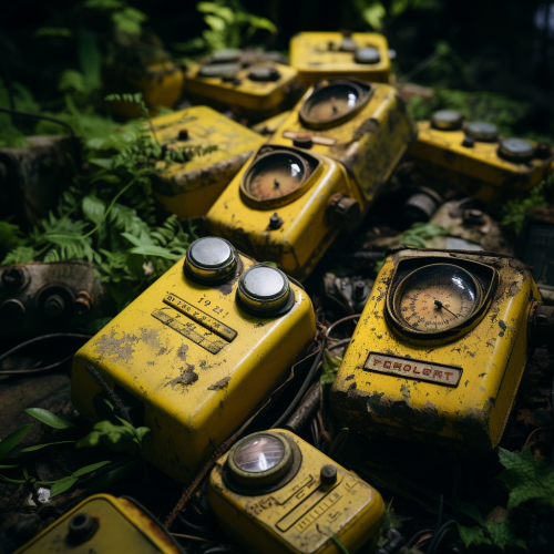 Antique yellow geiger counters resting on old concrete Antique yellow geiger counters resting on old concrete