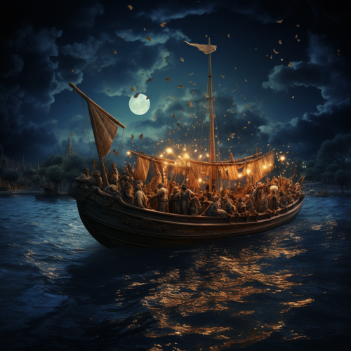Antiquity period row boat with muse sailing at night