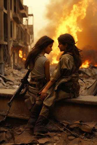 Two Arab girls fearfully embracing amidst destruction Two Arab girls fearfully embracing amidst destruction