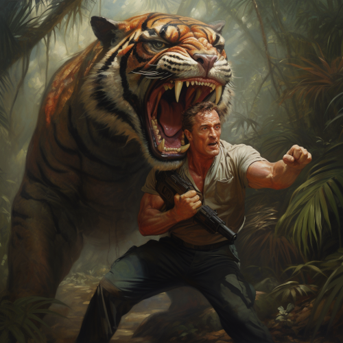 Arnold Schwarzenegger battling fierce jungle tiger