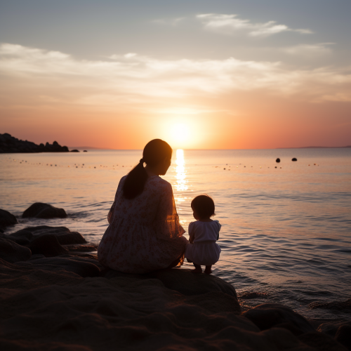 Asian girl and mother admiring sunset by the sea