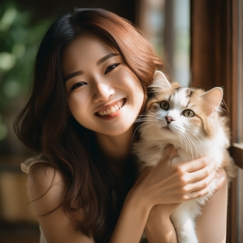 Asian Women with Cat and Dog, Happy Mood Asian Women with Cat and Dog, Happy Mood