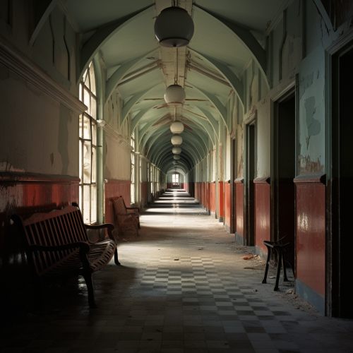 Abandoned asylum hallway with eerie atmosphere Abandoned asylum hallway with eerie atmosphere