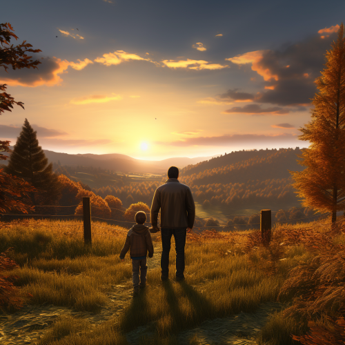 Father and son walking in autumn woods Father and son walking in autumn woods