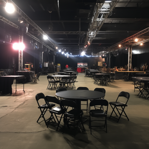 Tables and chairs in backstage holding area Tables and chairs in backstage holding area