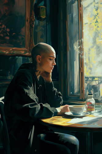 Bald woman Sinead O'Connor sitting at table