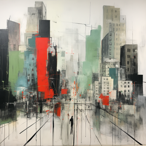 Basquiat-inspired cityscape with muted grey, green, and red tones Basquiat-inspired cityscape with muted grey, green, and red tones