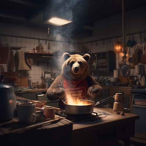 Bear cooking chili in fire station