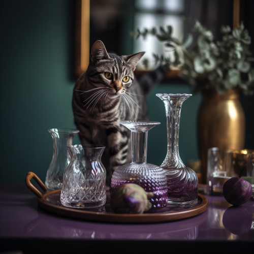 Exotic spotted cat balancing carafe on tray Exotic spotted cat balancing carafe on tray