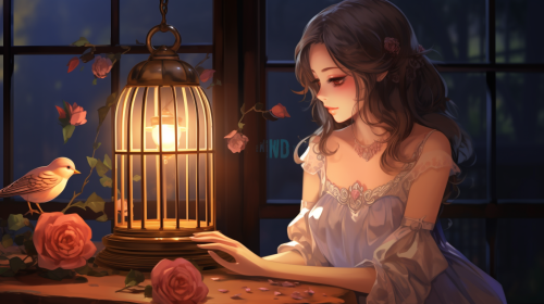 Young girl with nightingale and roses Young girl with nightingale and roses