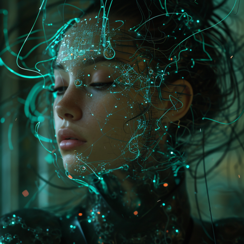 Beautiful woman connecting mind to computer ports Beautiful woman connecting mind to computer ports