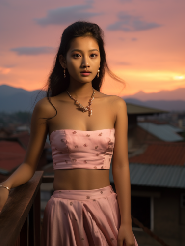 Young woman in pink dress on rooftop at dusk