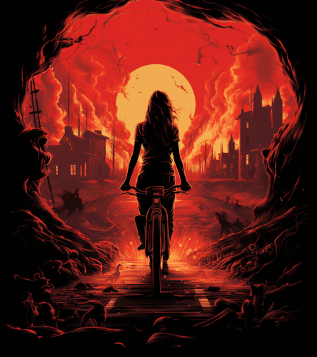 Illustration of woman holding a bicycle in a black and red shirt Illustration of woman holding a bicycle in a black and red shirt