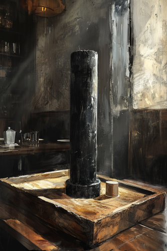 Black stone cylinder on wooden tray in cafe Black stone cylinder on wooden tray in cafe
