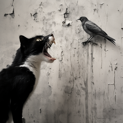 Black and white cave painting of cat eating bird Black and white cave painting of cat eating bird