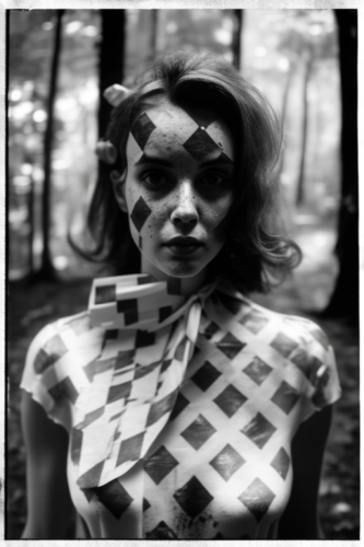 Black and white harlequin in woods