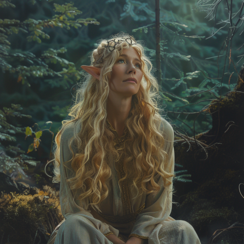 Blonde Elf Woman in Dark Pine Forest
