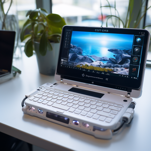 Gaming devices on a blue laptop table Gaming devices on a blue laptop table