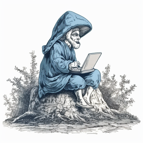 Adorable blue mushroom with laptop in lap Adorable blue mushroom with laptop in lap