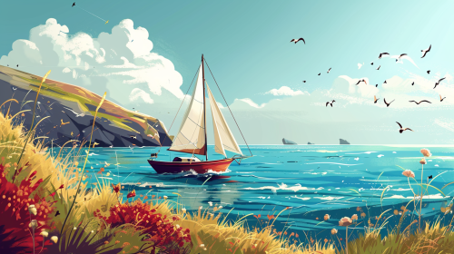 Illustration of a boat setting sail during daylight