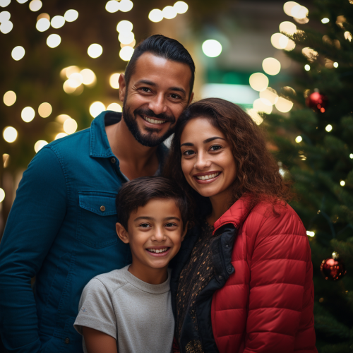 Brazilian family posing in front of Christmas trees Brazilian family posing in front of Christmas trees