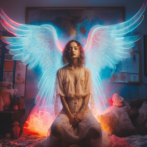 Beautiful woman glowing in vibrant room Beautiful woman glowing in vibrant room