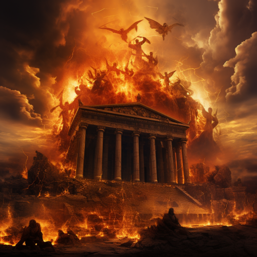 Massive angry gods above burning Arthemis Temple Massive angry gods above burning Arthemis Temple