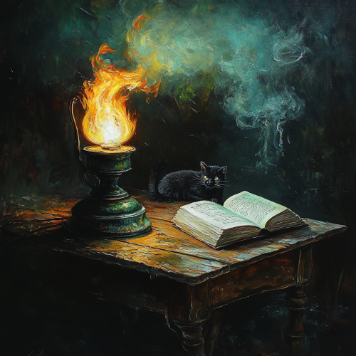 Oil painting of burning lamp, open book, cat on table