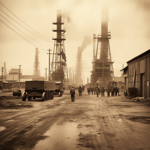 Bustling oil field with derricks Bustling oil field with derricks