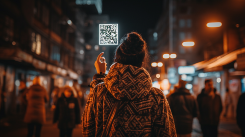 Person promoting product with shining QR code