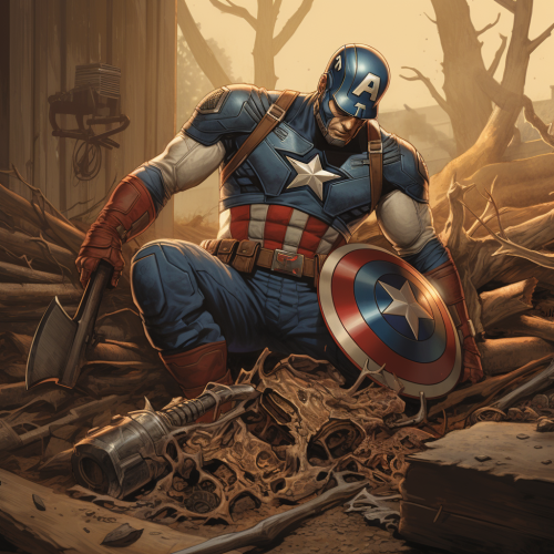 Captain America chopping wood with axe, Groot sleeping Captain America chopping wood with axe, Groot sleeping