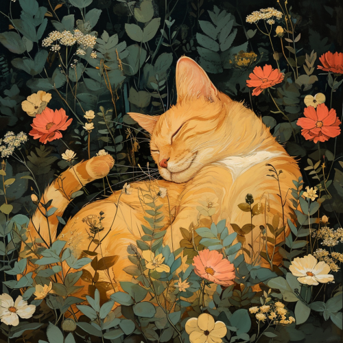 Soft orange cat sleeping in flower bed