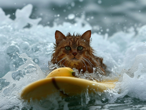 Cat surfing with banana in sea Cat surfing with banana in sea