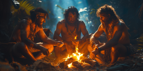 Cavemen around fire image