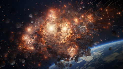 Satellite debris forming intricate patterns against cosmic backdrop Satellite debris forming intricate patterns against cosmic backdrop