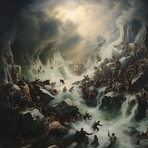 Realism painting of humans and animals falling into the abyss