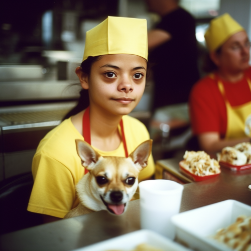 Cute chihuahua in fast food restaurant