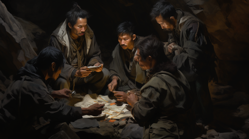 Chinese explorer sharing cell phone screen in cave