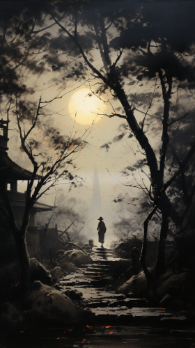 Chinese man walking in park under moonlight Chinese man walking in park under moonlight