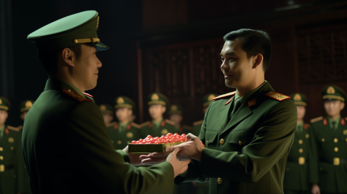 Chinese officer giving green rosebuds to comrades Chinese officer giving green rosebuds to comrades