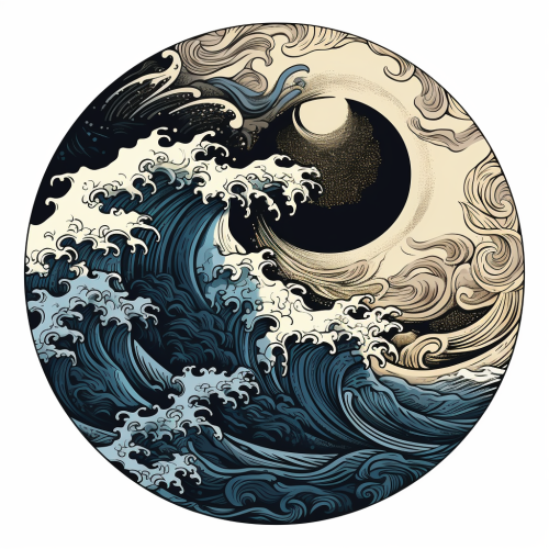 Circular Yin Yang Logo with Ocean Waves Circular Yin Yang Logo with Ocean Waves