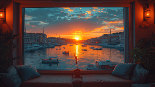 City sea sunset godrays through window frames City sea sunset godrays through window frames