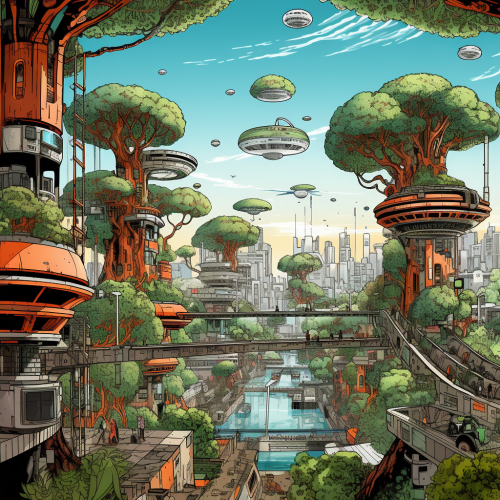 Illustration of Futuristic Cityscape with Life Pods Illustration of Futuristic Cityscape with Life Pods