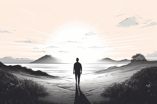 Person walking towards sunrise Person walking towards sunrise